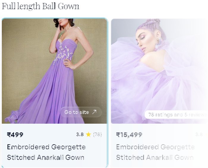 Two product cards for a lavender embroidered gown, with prices and ratings