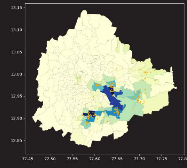 Bangalore wards shaded by order priority after spreading demand to neighbouring wards