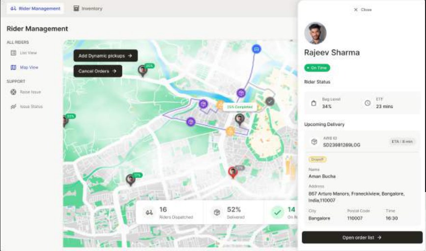 Manager dashboard: a map of riders with their current routes and a side panel for one rider