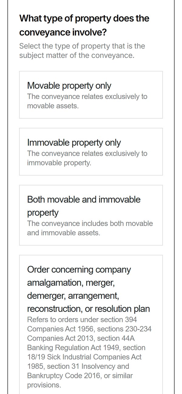 Stampez on a phone: what type of property does the conveyance involve, with four options