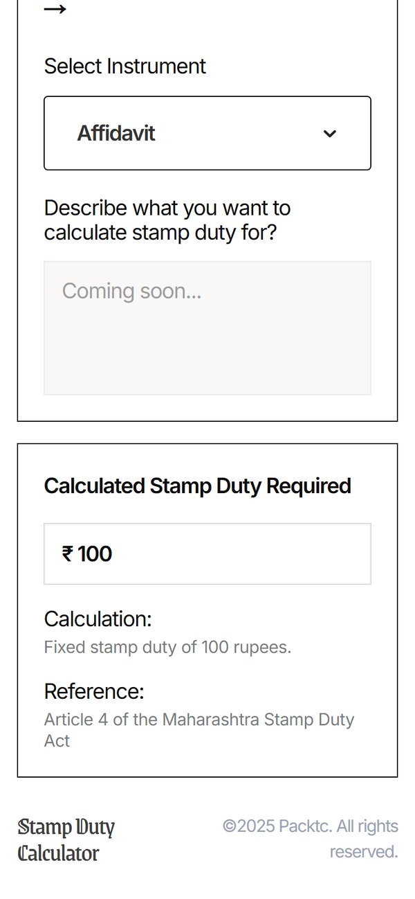 Stampez on a phone: the calculated stamp duty of 100 rupees with its calculation and legal reference