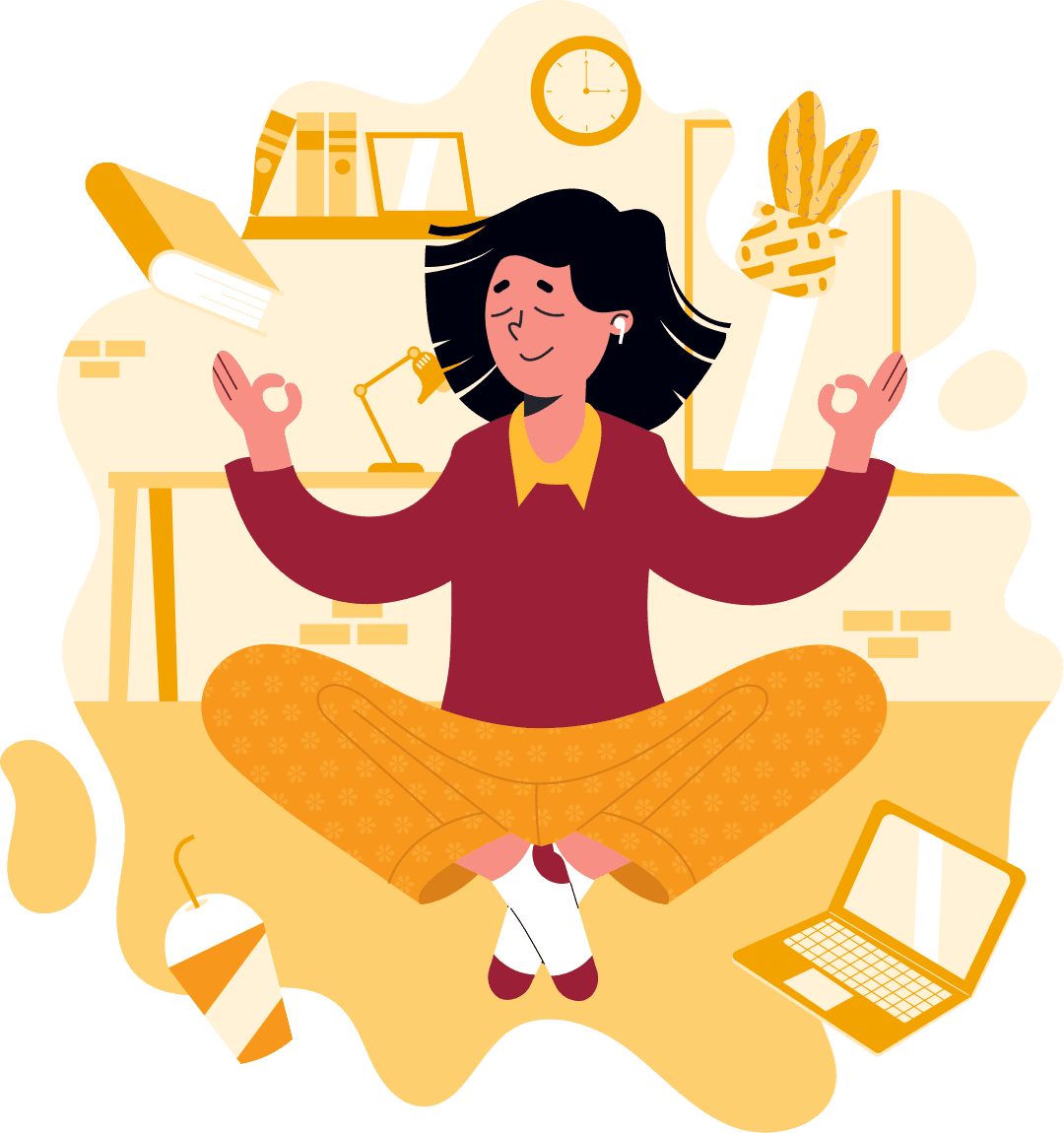 A student meditating among books, for empty states